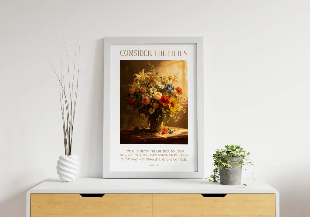 Consider the lilies how they grow | Luke 12.27 | Bible verse frame | Christian wall decor.webp