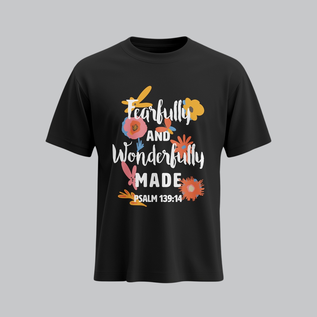 Fearfully Wonderfully Made | Psalm 139:14 | Christian Bible Verse T-Shirt | Women (Black, S)