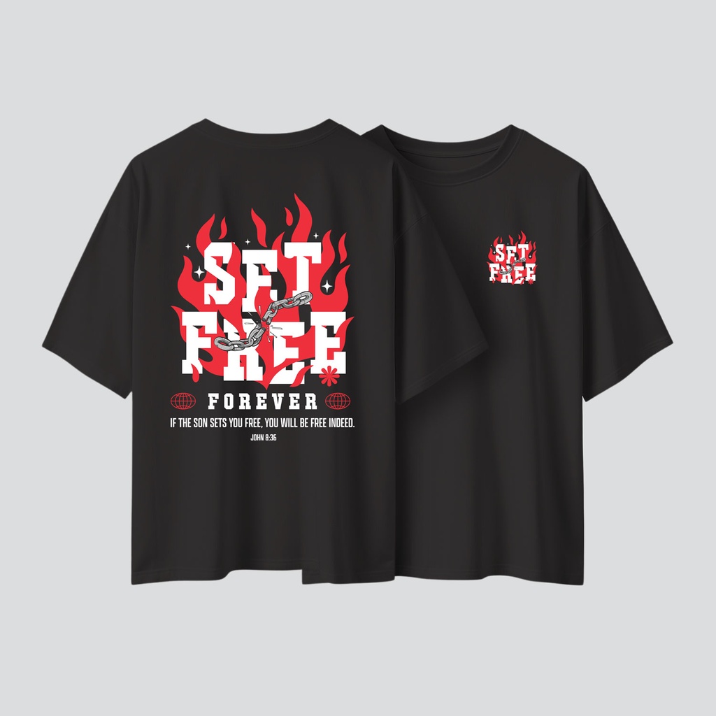 Set Free | John 8:36 | Christian Bible Verse Oversized T-shirt | Unisex (Black, S)