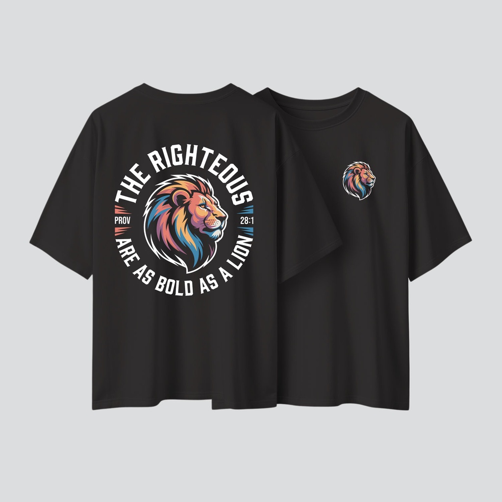 The Righteous - LION | Proverbs 28:1 | Christian Bible Verse Oversized T-shirt | Unisex (Black, S)