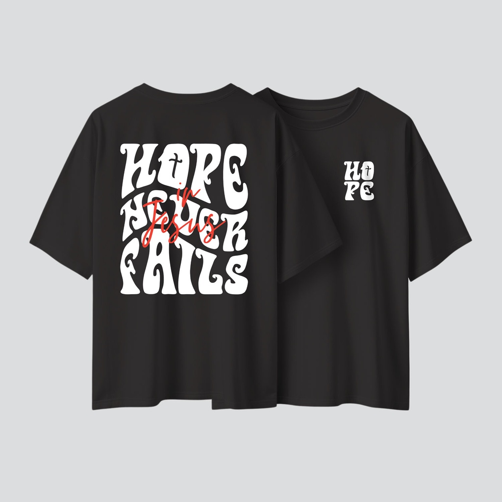 Hope Never Fails | Romans 8:1 | Christian Bible Verse Oversized T-shirt | Unisex (Black, S)