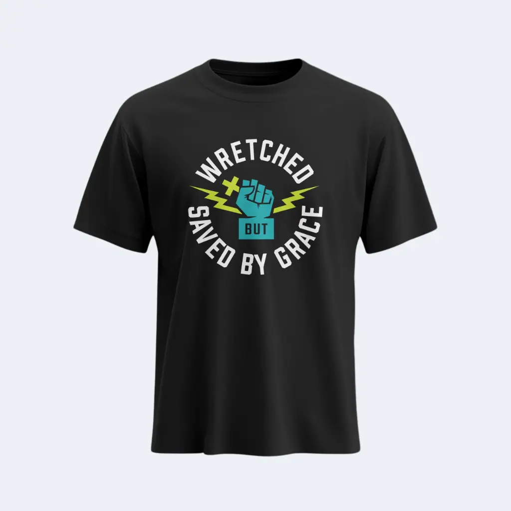 Wretched saved by Grace | Romans 7:24 | Christian Bible Verse T-Shirt | Unisex | Sale (Black, S)