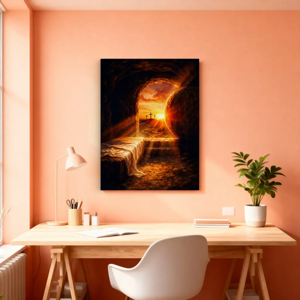 He Is Not Here — He Is Risen | Empty Tomb Sunrise | Christian Canvas Wall Art (8x12 Inches)