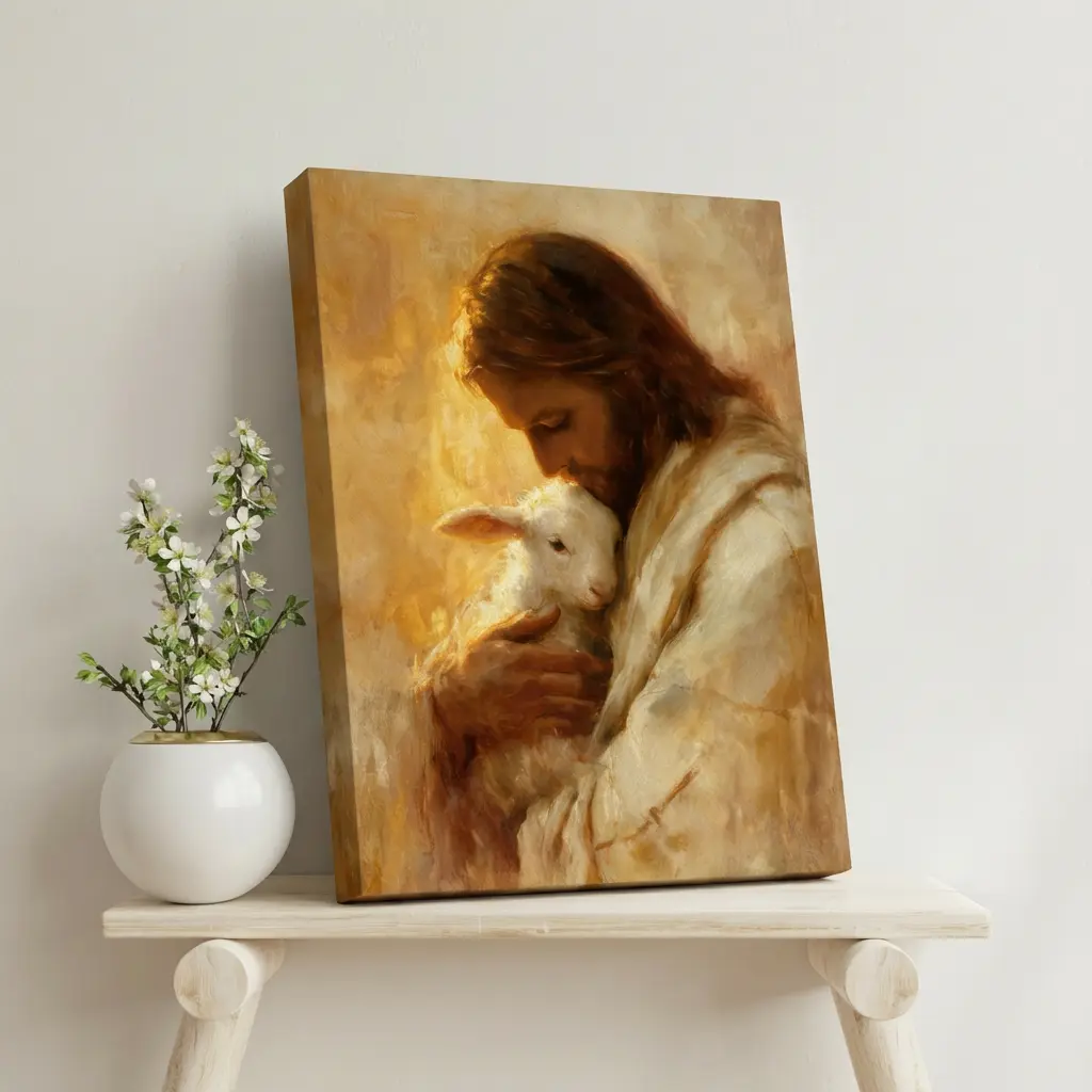 The Good Shepherd — Held in His Arms | Christian Canvas Wall Art (8x12 Inches)