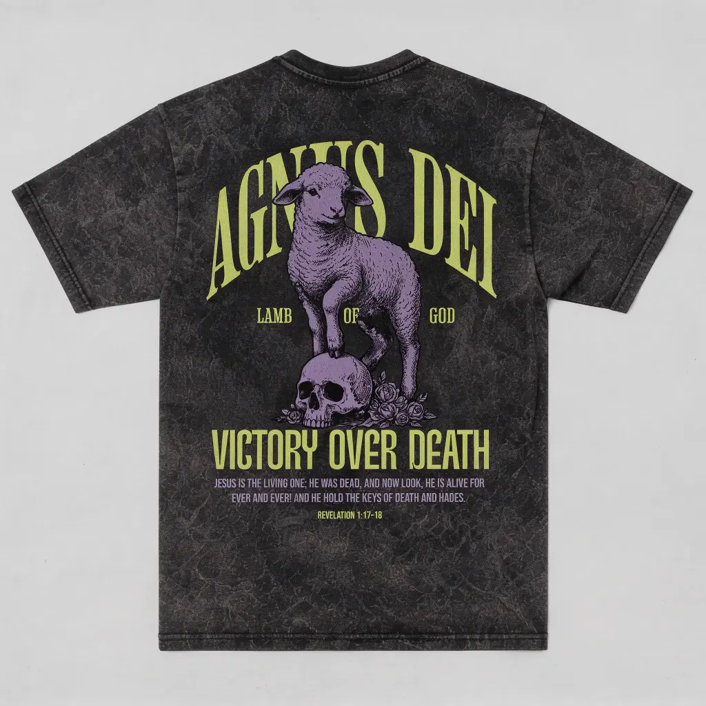 Lamb of God | Victory Over Death | Revelation 1:17–18 | Christian Bible Verse Premium Acid Wash Oversized T-Shirt | Unisex (S)