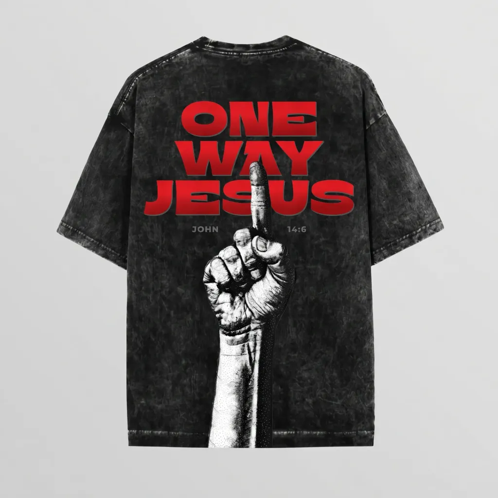 One Way | John 14:6 | Christian Bible Verse Premium Acid Wash Oversized T Shirt | Unisex (S)