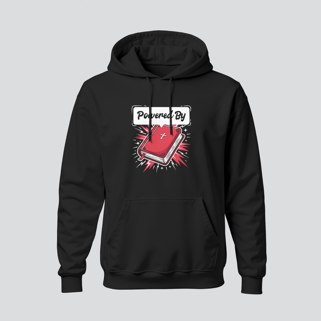 Powered By | Hebrews 4:12 | Christian Bible Verse Hoodies | Unisex (Black, S)