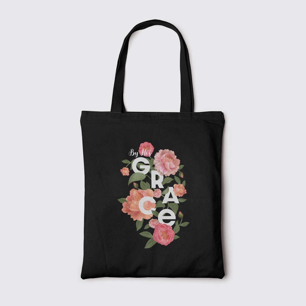 By His Grace | Christian Tote Bag Zipper (Black)