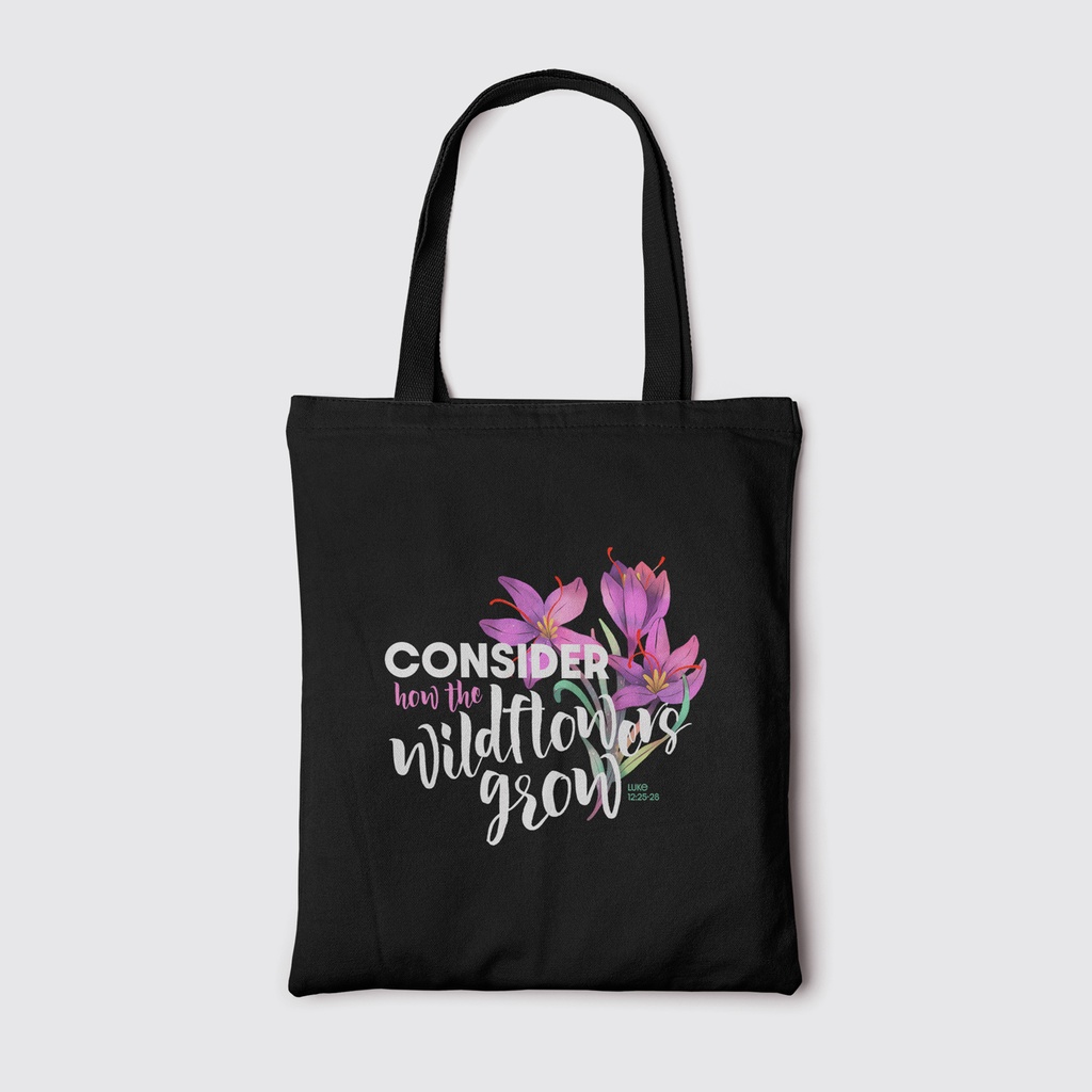 Consider how the Wild Flowers Grow | Christian Tote Bag Zipper (Black)