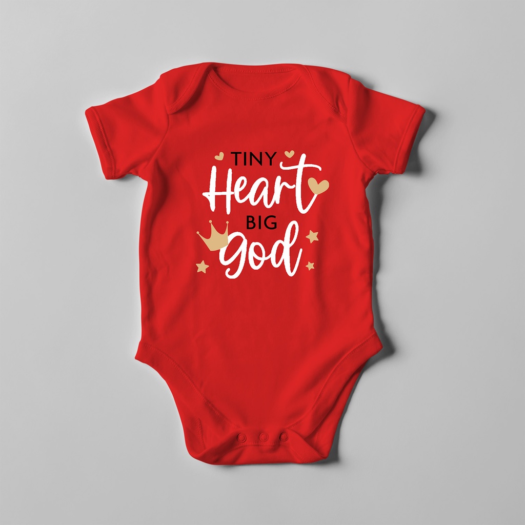 Tiny heart big god | Christian Baby Romper (0-5 Months, Red)