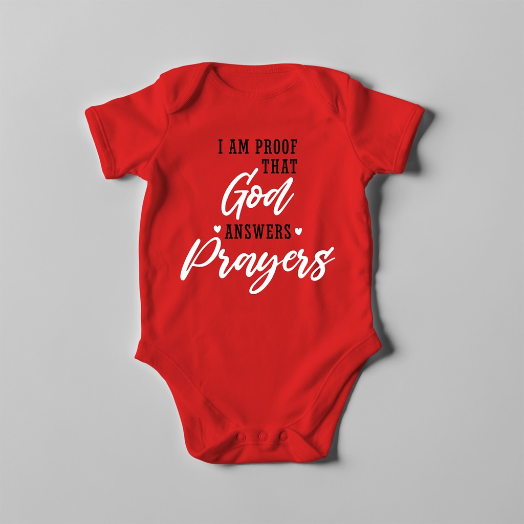 I am proof that God answers prayers | Christian Baby Romper (0-5 Months, Red)