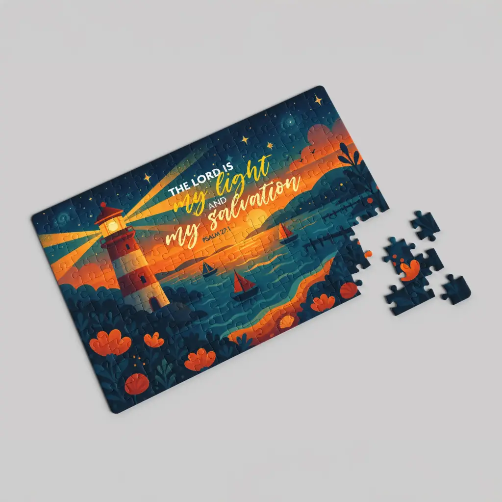 Lighthouse | The lord is my light and my salvation | Psalm 27:1 | Christian bible verse jigsaw puzzle for kids