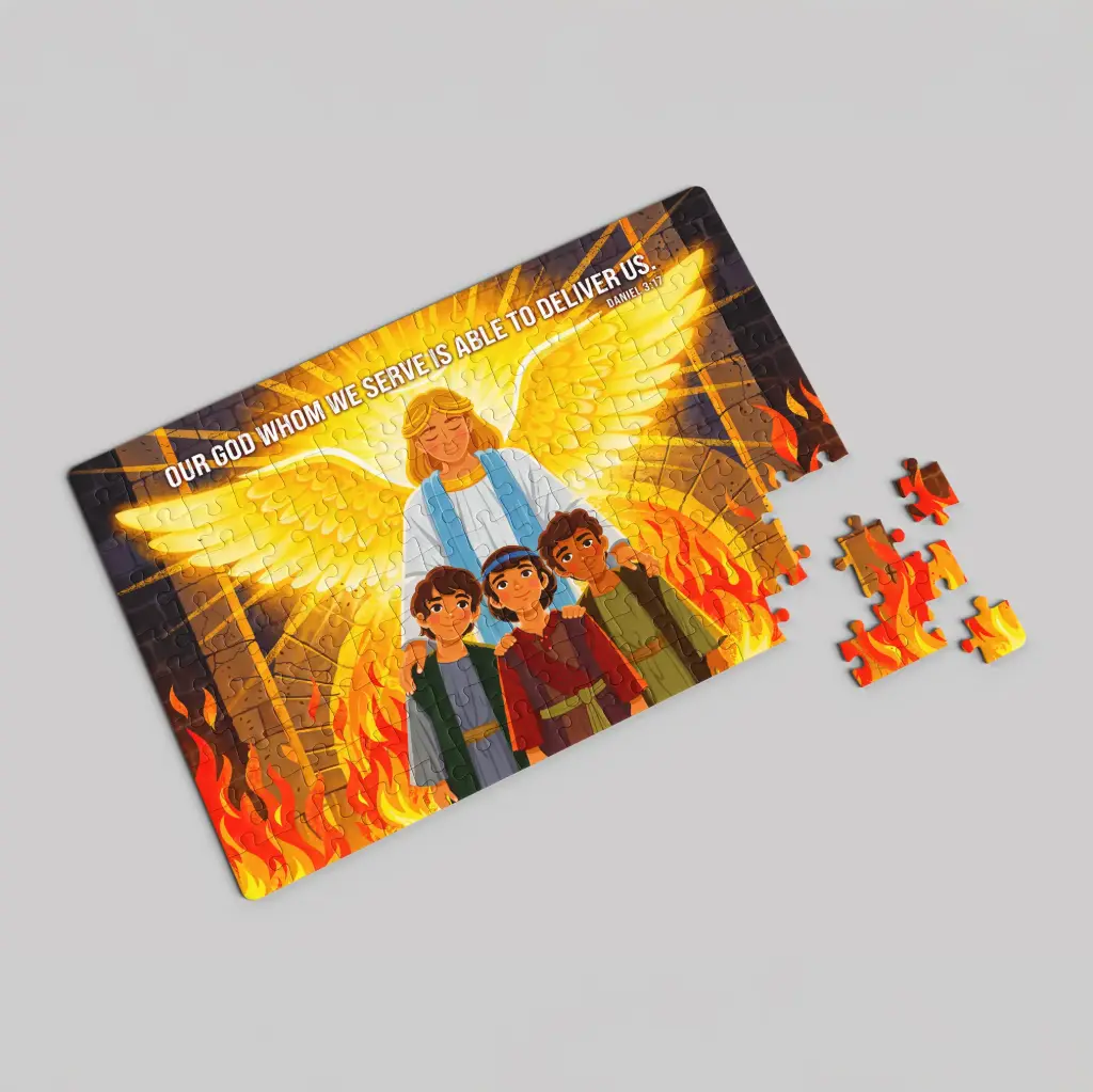Shadrach, Meshach, and Abednego in the fiery furnace | Daniel 3-17 | Christian bible verse jigsaw puzzle for kids