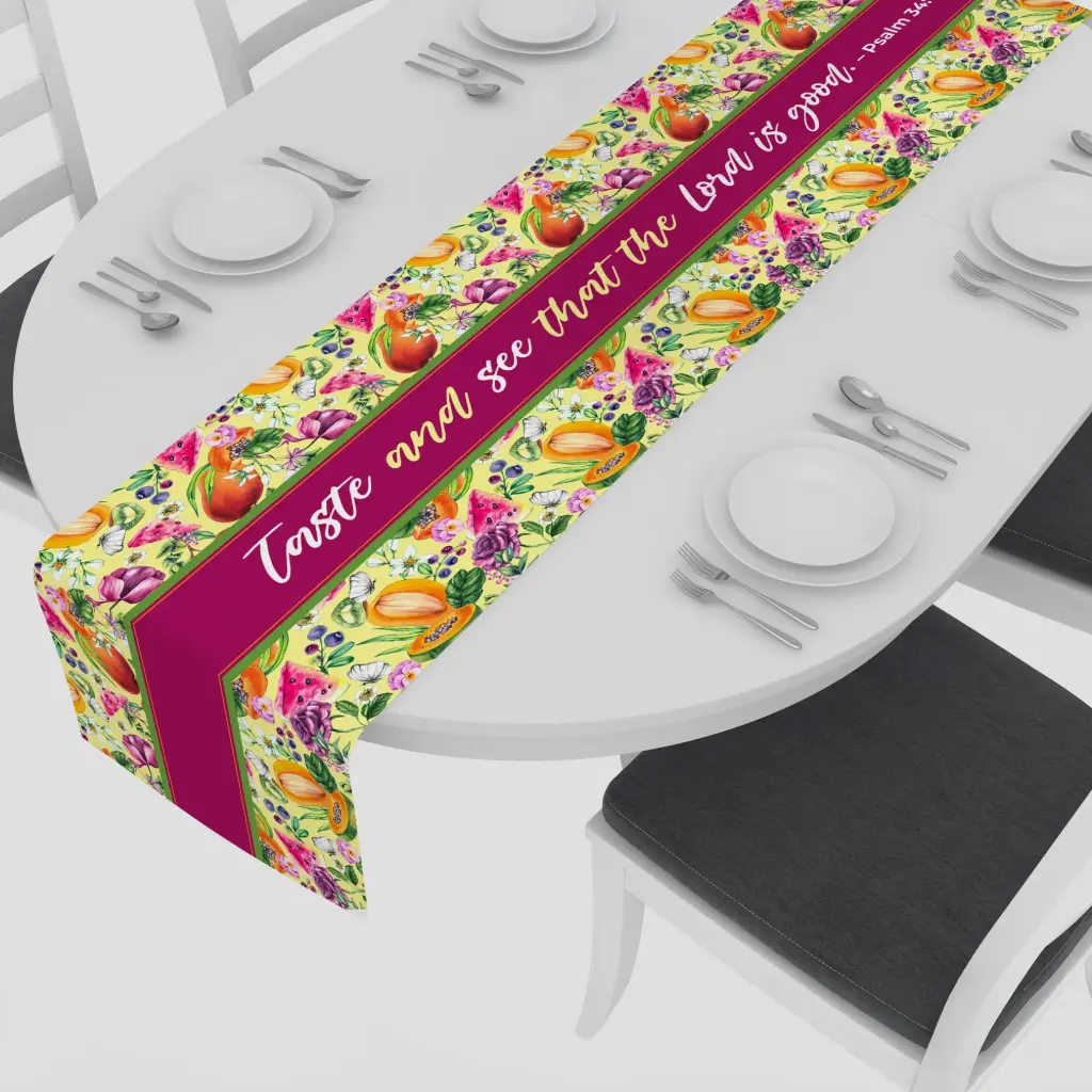 Taste and see that the lord is good | Psalm 34:8 | Christian bible verse table runner