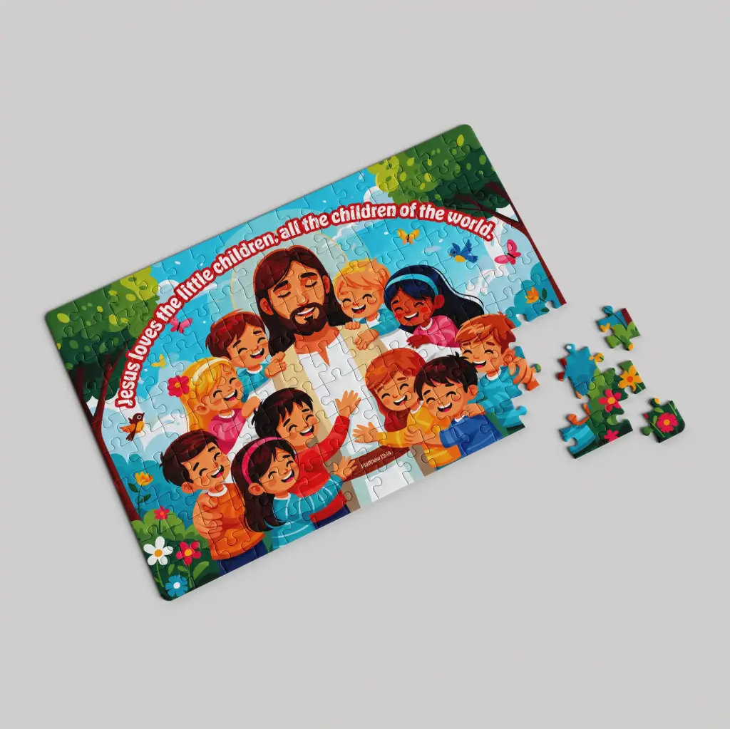 Jesus loves the little children | Matthew 19:14 | Christian bible verse jigsaw puzzle for kids