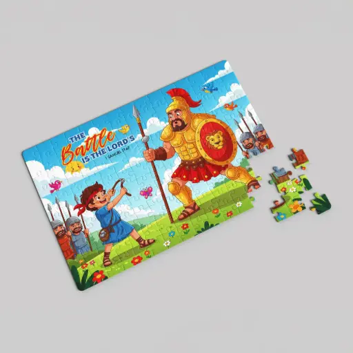David & Goliath | The battle is the Lord's | 1 Samuel 17:14 | Christian Bible Verse Jigsaw Puzzle for Kids