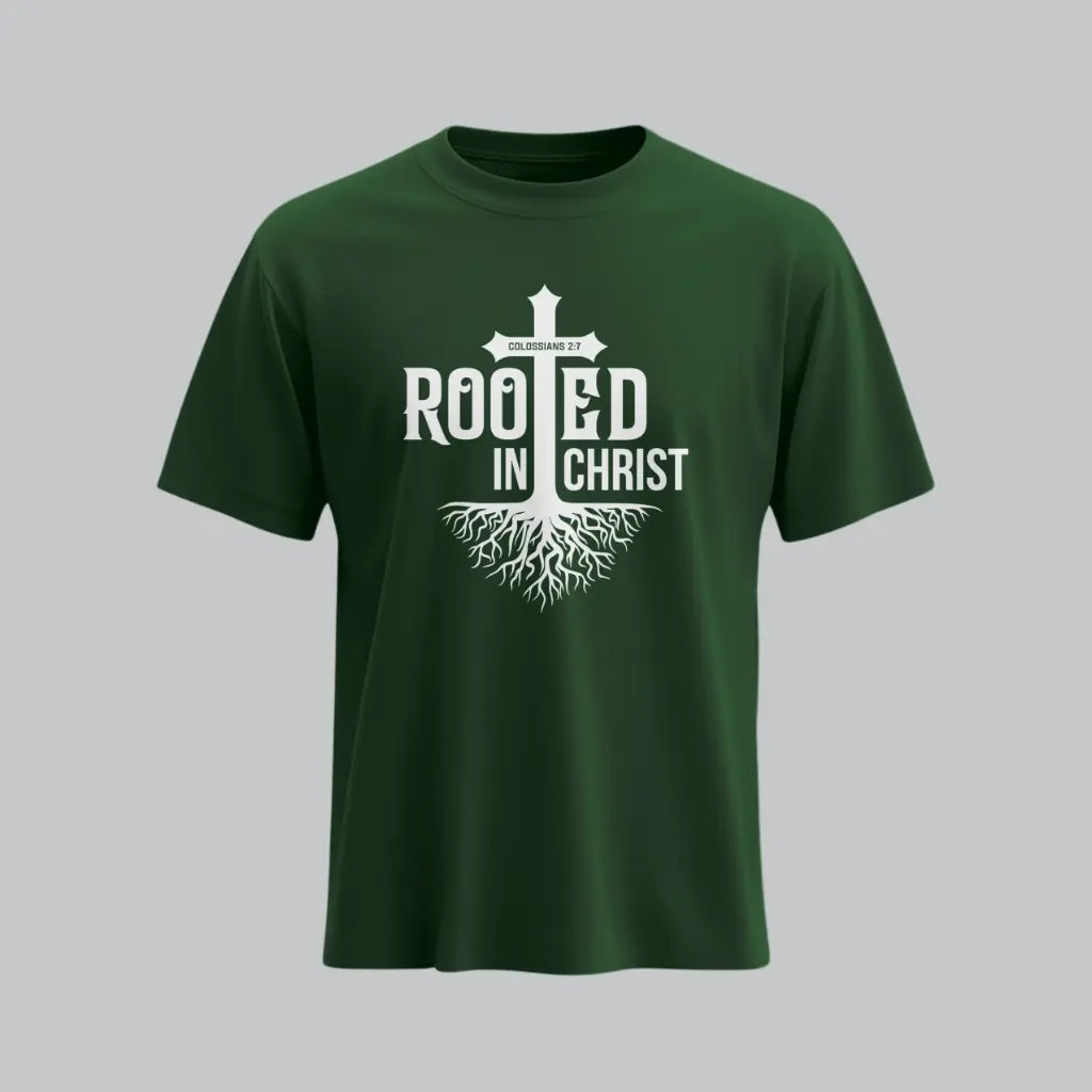 Rooted in Christ | Colossians 2:7 | Christian Bible Verse T-Shirt | Unisex