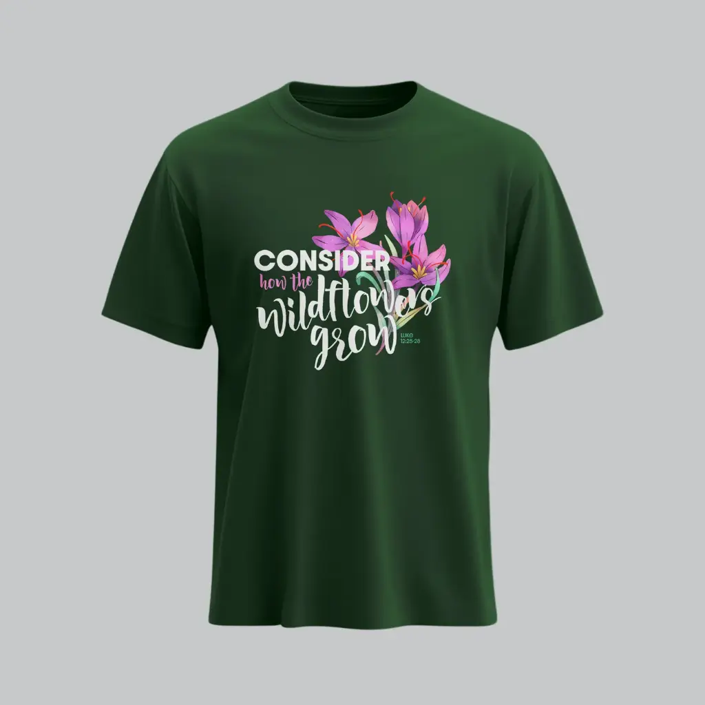 Consider How Wildflowers Grow | Luke 12:25-28 | Christian Bible Verse T-shirt | Women